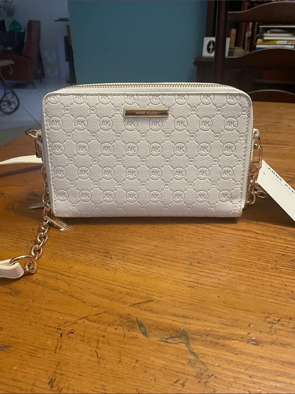 Anne Klein Cream Embossed Crossbody Wallet with Gold Hardware